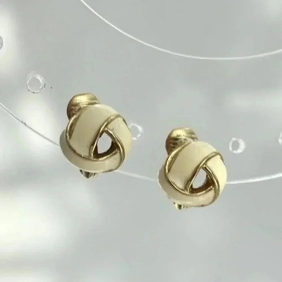 Monet Jewelry - Vintage Ivory Enamel Braided Tiny Classy Monet Signed Clip On Stud Earrings